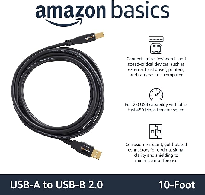 Amazon Basics USB-A to USB-B 2.0 Cable for Printer or External Hard Drive, Gold-Plated Connectors, Black, 10 Foot (Pack of 2)