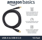 Amazon Basics USB-A to USB-B 2.0 Cable for Printer or External Hard Drive, Gold-Plated Connectors, Black, 10 Foot (Pack of 2)
