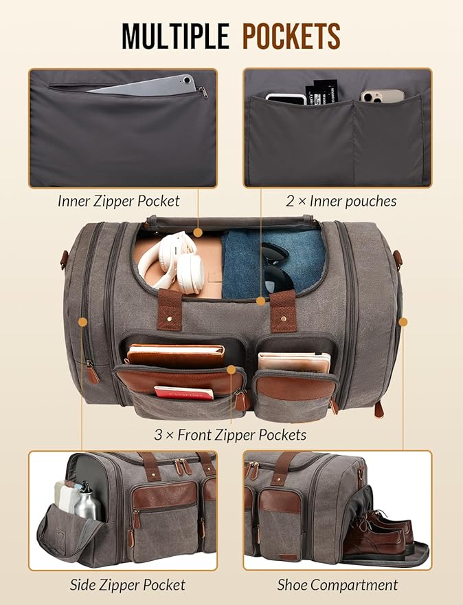 Canvas Duffle Bag for Travel 50L Expandable Travel Duffel Bags for Men Women Overnight Weekend Gym Bag with Shoes Compartment - Grey