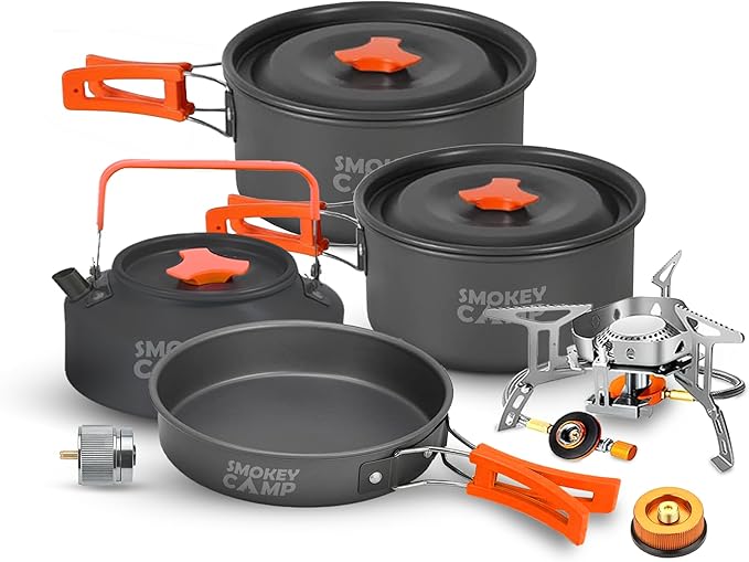 Smokey Camp Camping Cookware Mess Kit Set with Stove - Backpacking Camping Pots and Pans Set, All in One Non-Stick Camping Cooking Set, Portable Stove, Hiking, Picnic, Outdoor & Camping Cookware Set