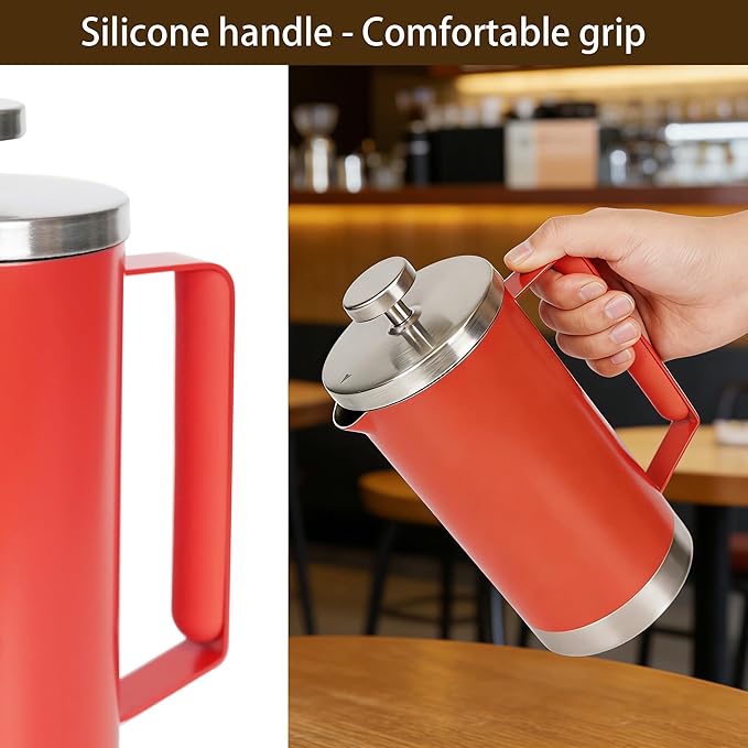 Stainless Steel Small French Press, 600ml Double Wall Insulated Coffee Maker Heat Resistant Non-Slip Handle, Portable Coffee Brewer for Home, Office, Camping, Single & Couple Daily Use