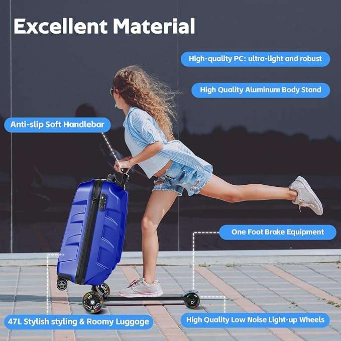 Scooter Suitcase for Kids & Adults，3-D Hardshell Ride On Scooter Luggage with Led Light Up Wheels，TSA Lock，Lightweight Foldable Carry On Rideable Suitcase for Children Teenagers (Blue, 21-inch)