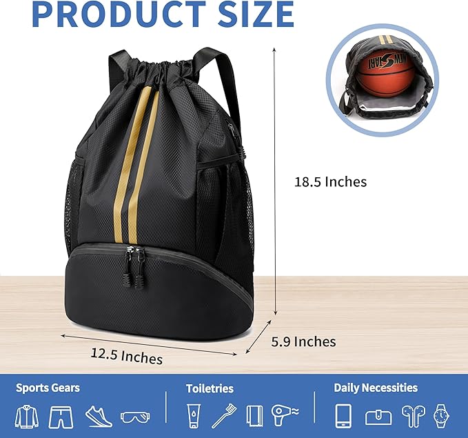 JELUTAR Drawstring Backpack Gym Bag with Shoes Compartment for Soccer, Basketball, Swim, Water-Resistant String Backpack Beach Cinch for Women Men, Black Gold