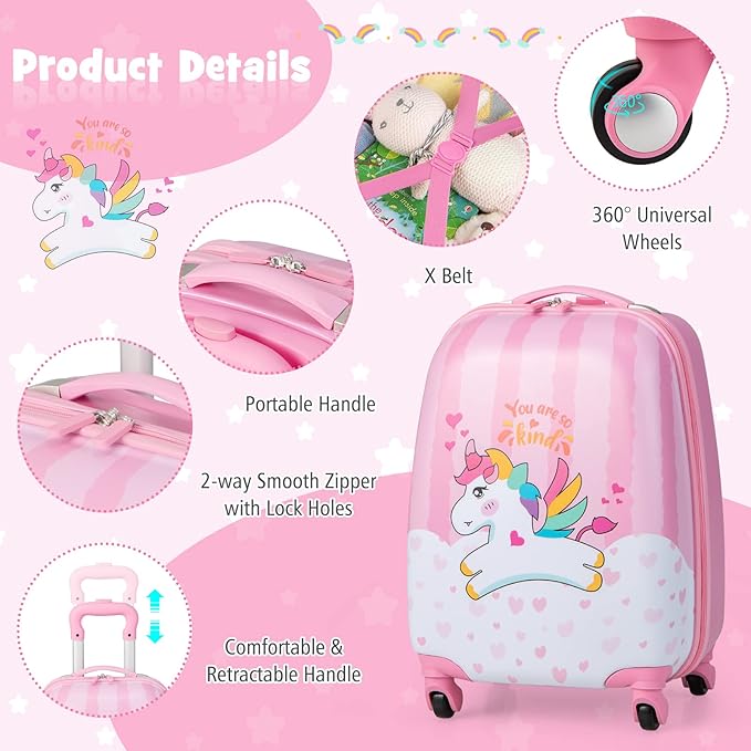 Goplus 2PC Kids Luggage, 12" & 16" Kids Carry On Luggage Set with 4 Spinner Wheels, Lightweight Rolling Spinner Suitcase for Children Toddlers Boys and Girls Travel