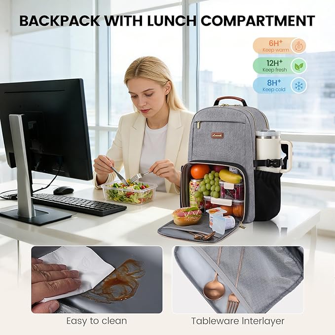LOVEVOOK Lunch Backpack with Lunch Compartment,15.6 Inch Laptop Work Travel Insulated Cooler Backpack, Waterproof College Teacher Lunch Bag Box with Tumbler Holder,Gifts for Men Women,Grey-Black-Brown