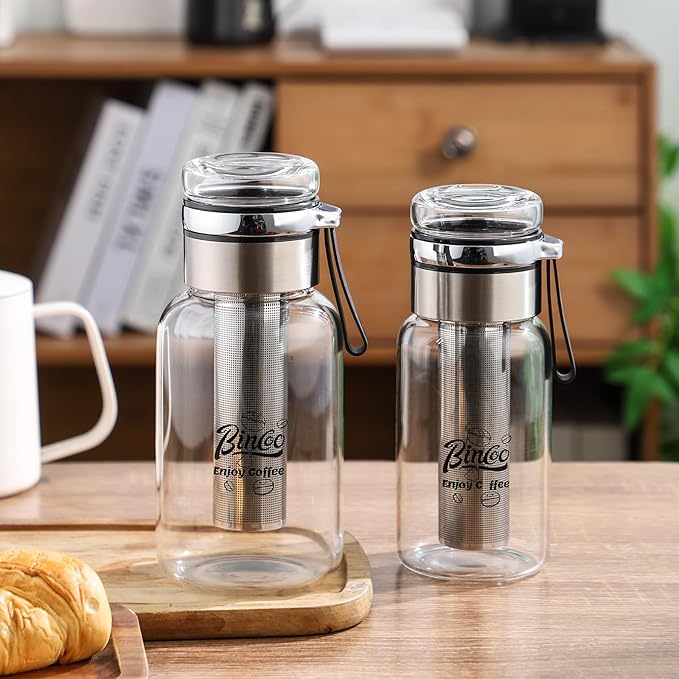 Bincoo Glass Cold Brew Coffee Maker with Extended Fine Mesh Filter, Tea Infuser Bottle Iced Coffee Maker with Thick Borosilicate Glass (750ml/24oz)