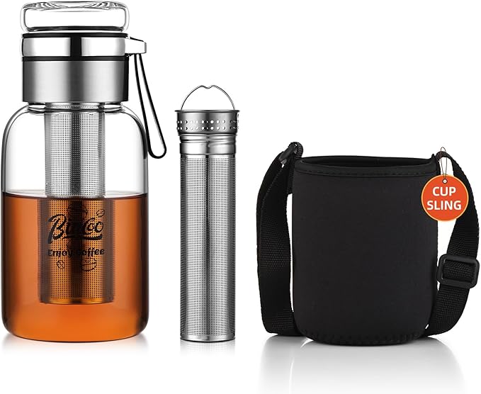 Bincoo Glass Cold Brew Coffee Maker with Extended Fine Mesh Filter, Tea Infuser Bottle Iced Coffee Maker with Thick Borosilicate Glass (500ml/17oz)