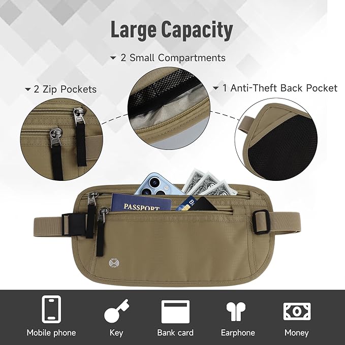 FuninCrea Waterproof Hidden Money Belt for Travel, Anti-Theft Belt Bag with RFID Blocking Function Adjustable Slim Waist Bag with 2 Zipper Pockets and 1 Back Pocket for Travel Running (Style 2, Black)