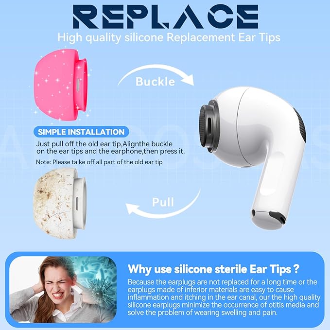 4 Pairs Replacement Ear Tips for AirPods Pro 2nd/1st Generation with Portable Storage Box & Cleaner Pen,Noise Reduction Holewith & Built-in dust Guard Screen,Silicone EarTips(Rose red)