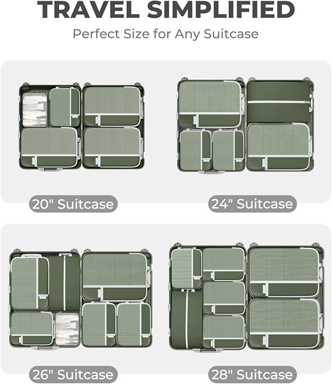 Percover Compression Packing Cubes 4-Piece Set, Packing Cubes Compression for Travel with Label Pockets, Travel Organizer for Carry On & Checked Luggage, Green