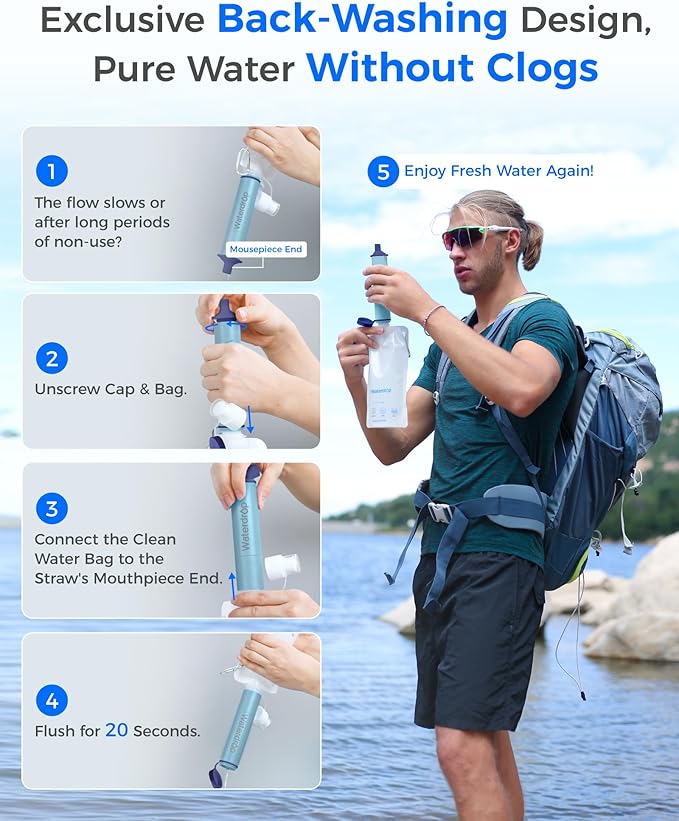 Waterdrop Gravity Water Filter Straw, Camping Water Filtration System, Water Purifier Survival for Travel, Backpacking and Emergency Preparedness, 1.5 gal Bag, 0.1 Micron, Light Blue