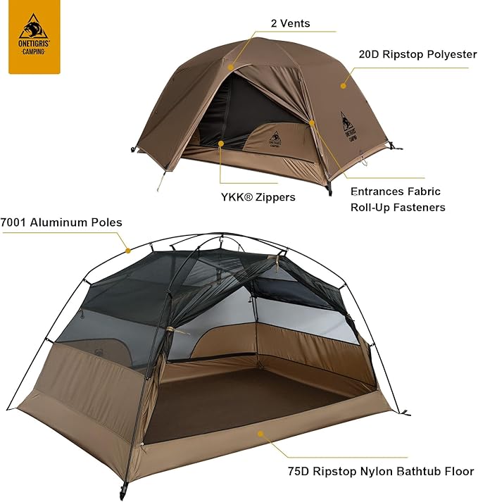 OneTigris COSMITTO 2 Person Backpacking Tent Shelter- Free Standing Lightweight Waterproof 3 Season Camping Tent for Outdoor Hiking Mountaineering