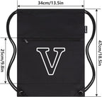 HOLYLUCK Drawstring Bags Initial Backpack Sackpack Cinch Bags for Sports, Gym, Travel, Beach (Black-V)