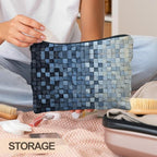 Modern Blue Checkered Makeup Bag, Blue and White Mosaic Checkered Cosmetic Bags for Women, Trendy Preppy Zipper Makeup Pouch