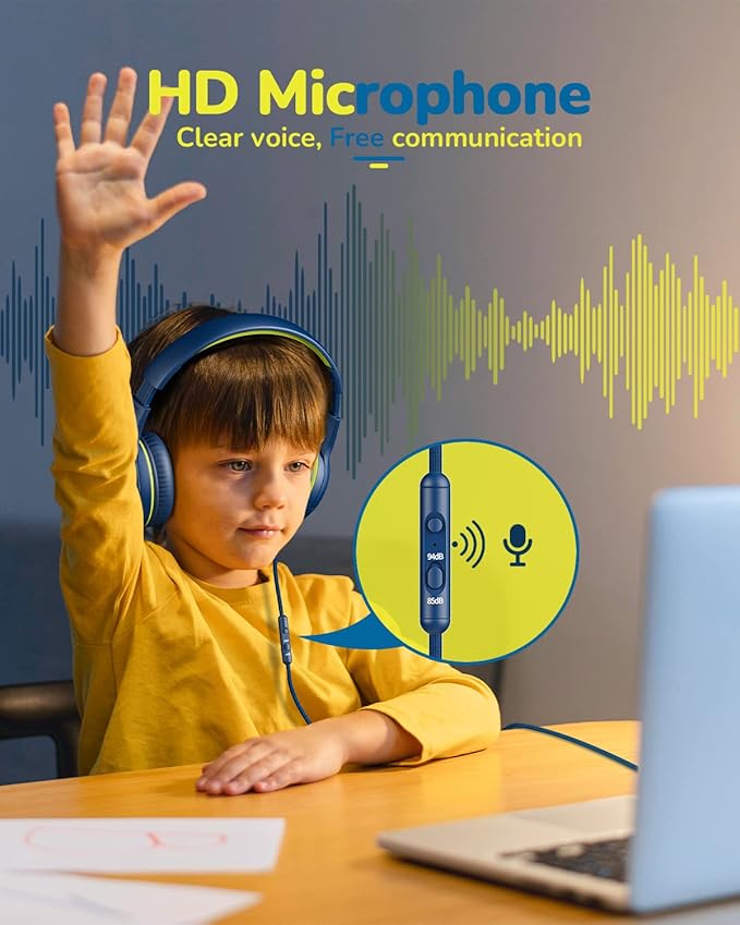 awatrue Kids Headphones for School Travel, 85/94dB Safe Volume Limit, 3.5mm Jack, HD Mic, Portable Wired Headphone with Shareport, Stereo Sound On-Ear Headphones for Toddler Kids Girls Boys Bluegreen