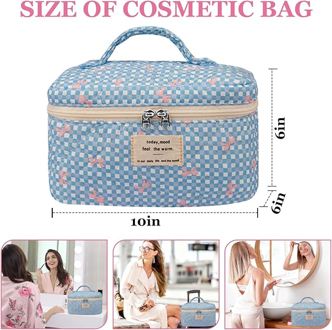 Gosect Large Makeup Bag, Cute Cosmetic Bag for Women Girls, Floral Coquette Aesthetic Toiletry Bag, Travel Make Up Organizer Bag (Blue Butterfly)