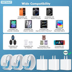 [3 Pack] USB C Charger Block, Fast Charging 20W USB-C Power Adapter Fit for Phone 17/16/15/17 Pro/Pro Max/Plus,i Pad, AirPods，Apple Watch and More，10FT Type C Cords