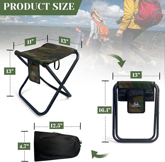 Upgraded Portable Folding Stool, 13 Inch Camping Stool for Adults Fishing Hiking Gardening and Beach with Carry Bag, Hold Up to 450lbs[Camo]