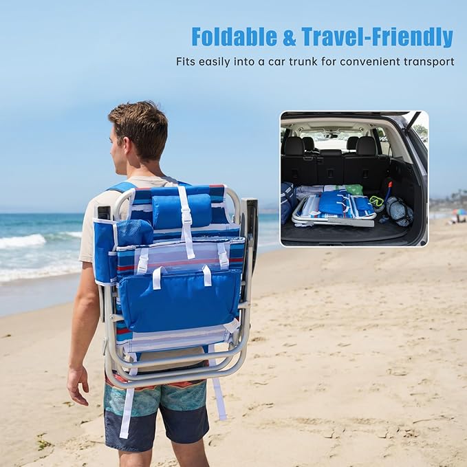 SUNNYFEEL Low Beach Chair 2 Pack, 5-Position Lay Flat Reclining, Backpack Portable Folding Chairs with Cooler Bag & Cup Holder, Heavy Duty 350 LBS, Compact for Beach, Camping, Travel