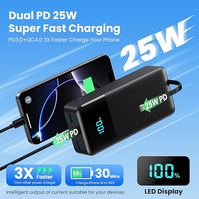 Portable Charger 50,800mAh Power Bank, 25W PD QC 4.0 Fast Charging Portable Phone Charger with Built-in Cables,Travel Camping Essential USB C Battery Pack for iPhone 16/15/14/13/12,Android Galaxy etc