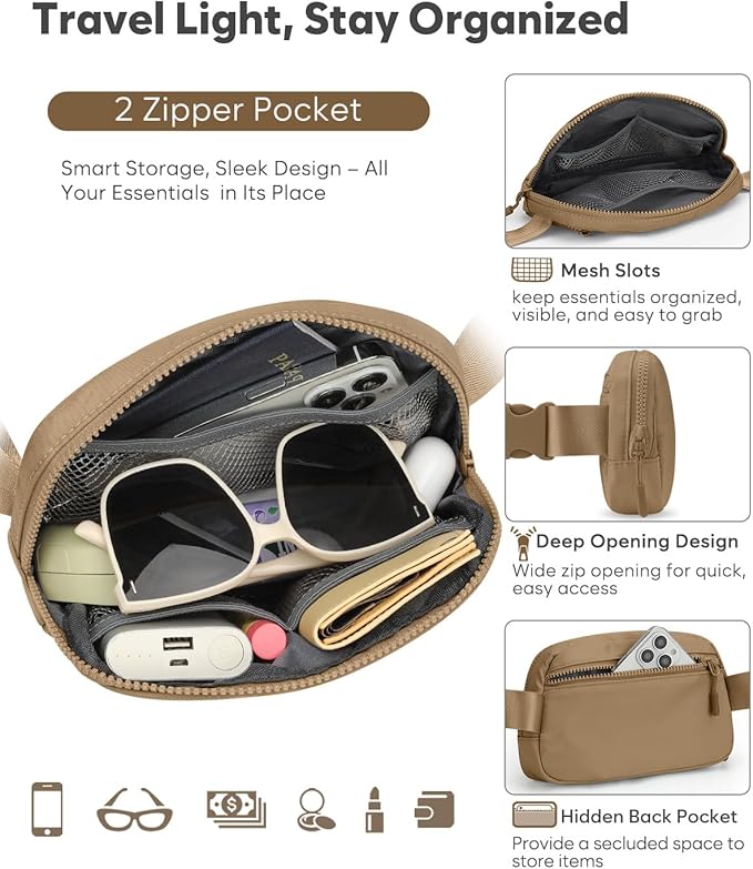 Pritent Fanny Packs for Women Cross Body Bag Waterproof Belt Bag with Adjustable Strap and Zipper Back Pocket Small Crossbody Bags Fashion Waist Packs for Workout Travelling(Khaki)