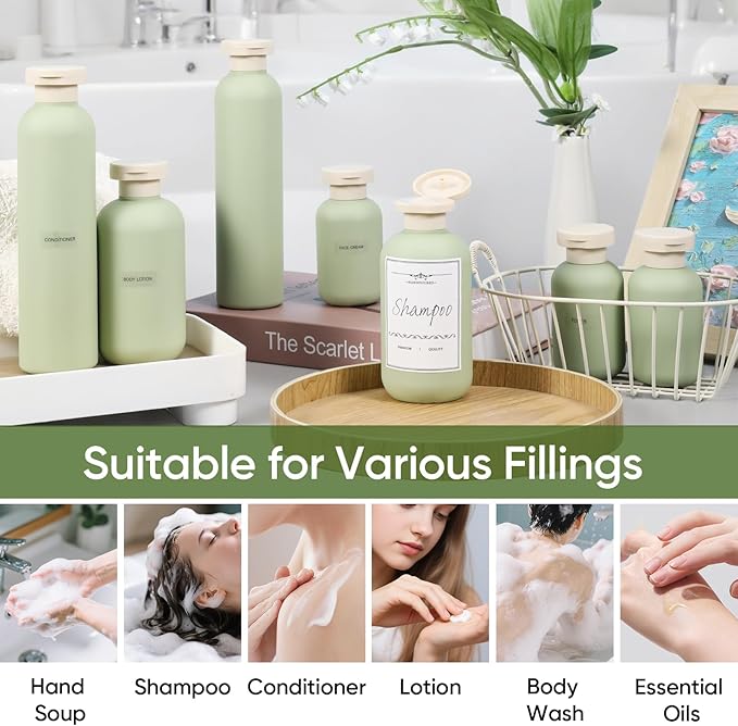 DEMORA 3.4 oz Travel Size Bottles TSA Approved for Toiletries, Leak Proof Plastic Travel Squeeze Bottles Refillable Toiletry Containers with Flip Caps and Labels for Shampoo Lotion (Green, 4 Pcs)
