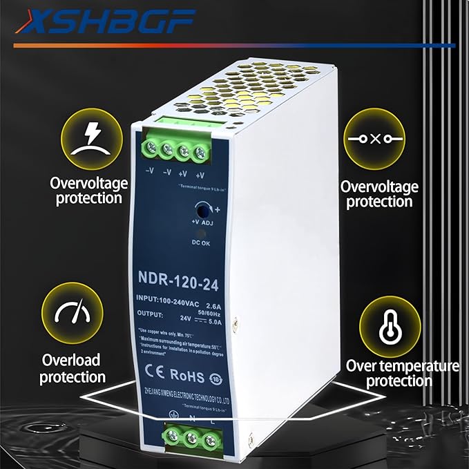 24VDC Power Supply NDR 120W DIN Rail Power Supply Switch Switching Converter DC (Input 100-240VAC Output 24VDC 50/60HZ 24V 5A)