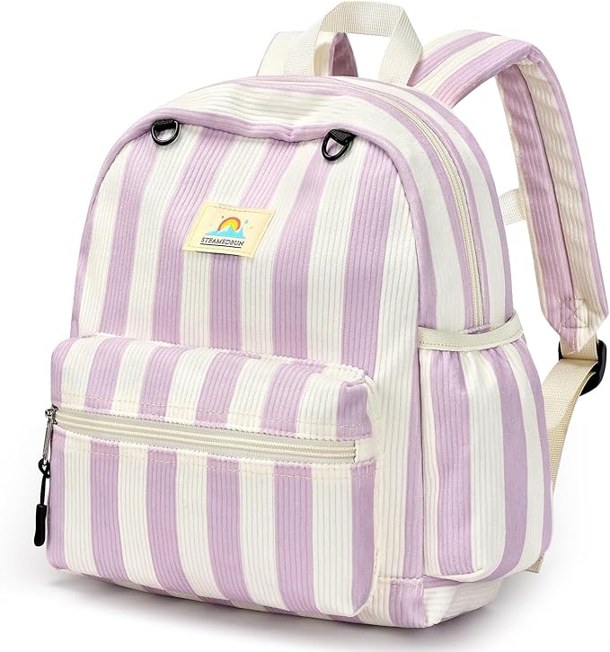 STEAMEDBUN Corduroy Toddler Backpack for Girls 2-4: Kids backpack for Boys Girls - 12 inch Preschool Kindergarten Backpacks - Stripe