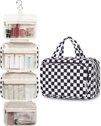 Narwey Travel Toiletry Bag for Women Large Hanging Makeup Bag Organizer Toiletries Bag for Full Size Essentials Accessories Cosmetics (Black Checkerboard (Large))