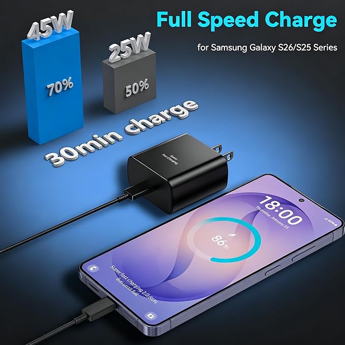 45W Super Fast Charger USB Type C Charger Cord 6.6FT with Android Phone Charger Fast Charging Block for Samsung Galaxy S26/S26 Ultra/S26+/S25/S25 Ultra/S25+/S24/S23/S22/S20/S21/Note 20/Note 10, Black