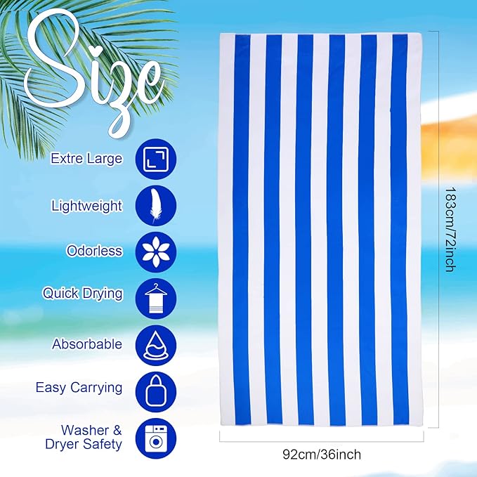 EBOOT 10 Pack Oversized Beach Towel Set Extra Large Pool Towels Microfiber Quick Dry Swim Blanket for Adult Women Men Face Hand Body Bath Travel Pool(Bright Color,36 x 72 Inch,Cabana Stripe)