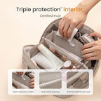 LOVEVOOK Travel Makeup Bag for Women, 2Pcs Puffer Waterproof Cosmetic Organizer, Large Capacity Pouch Open Flat Small Toiletry Bag with Brush Compartment & Handle (Light khaki, Medium)