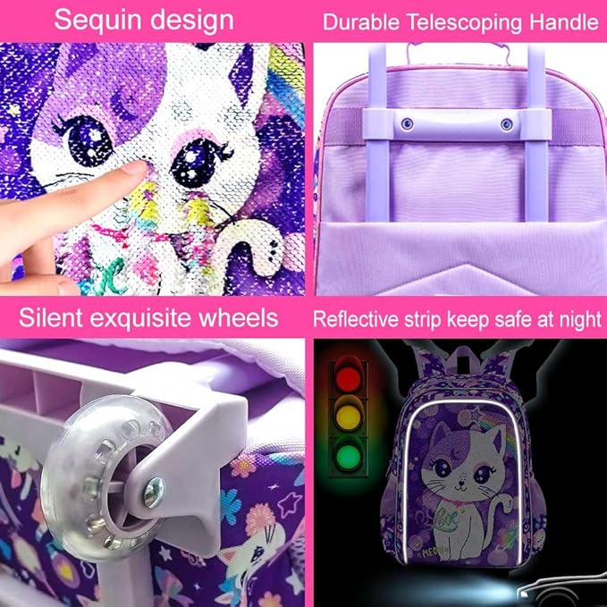 5PCS Kids Suitcase Set for Girls, Cute Sequins Cat Rolling Luggage, Travel Carry-On for Toddlers & Elementary Children
