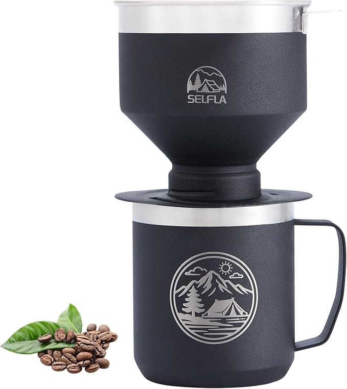 Stainless Steel Pour Over Coffee Maker Set, Outdoor Coffee Dripper, Reusable Coffee Filter&Insulated Camping Mug (16oz), for Hiking, Camping&Outdoor Adventures, Rinse-clean&Portable -Black