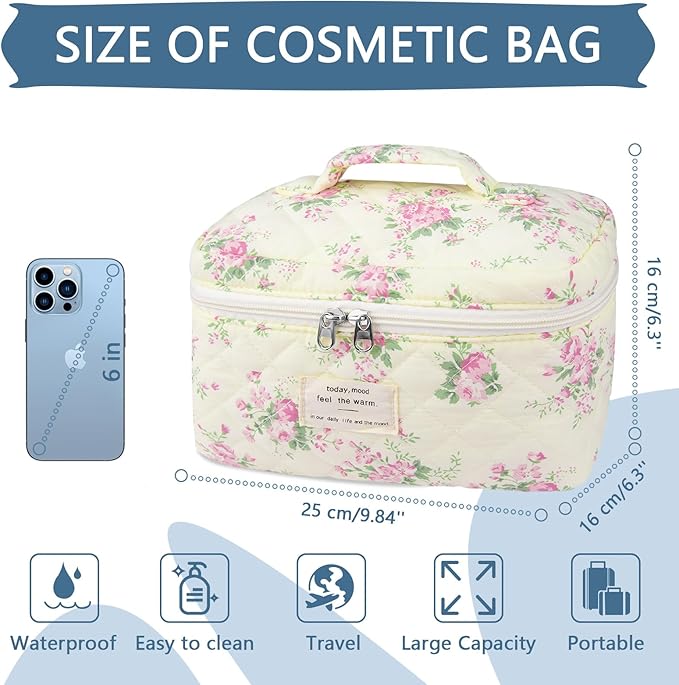 Gosect Large Travel Quilted Makeup Bag for Women,Big Floral Cotton Cosmetic Bag, Cute Coquette Aesthetic Floral Toiletry Organizer Bag (Pink pattern)
