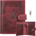 CONTACTS Full Grain Leather Passport Holder Compatible with Airtag RFID Blocking Passport Wallet Travel Slim Passport Cover with SIM Card Removal Tool (Bagde, Red)