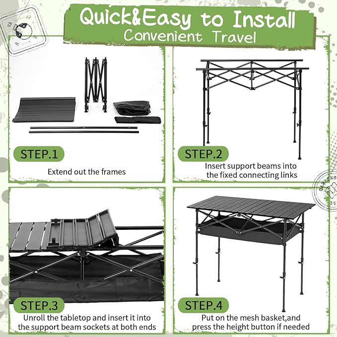 Briwooody 2 Pack Portable Folding Camping Table, Adjustable Height Aluminum Roll-Up Outdoor & Indoor Picnic Table with Large Carry Bag for Beach, BBQ, Travel & Backyard(37.4 x 21.65 Inches)