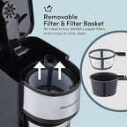 Elite Gourmet EHC112 Personal Single-Serve Compact Coffee Maker Brewer Includes 14Oz. Thermal Travel Mug with Stainless Steel Interior, Compatible with Coffee Grounds, Reusable Filter, Black