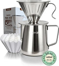 AGOGO Pour Over Coffee Maker Set - Unbreakable 304 Stainless Steel V60 Dripper & Server for Camping & Home, Includes 50 Paper Filters & Barista Towel - Silver - 20oz