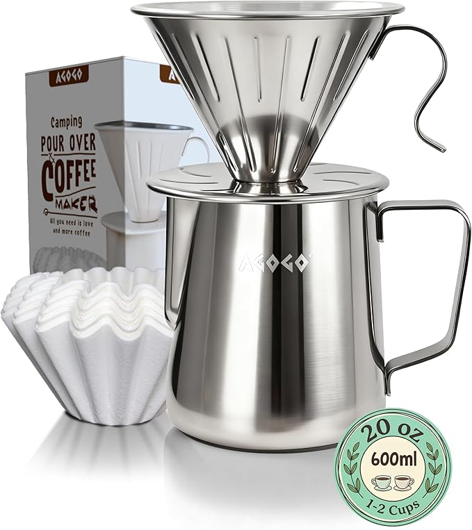 AGOGO Pour Over Coffee Maker Set - Unbreakable 304 Stainless Steel V60 Dripper & Server for Camping & Home, Includes 50 Paper Filters & Barista Towel - Silver - 20oz