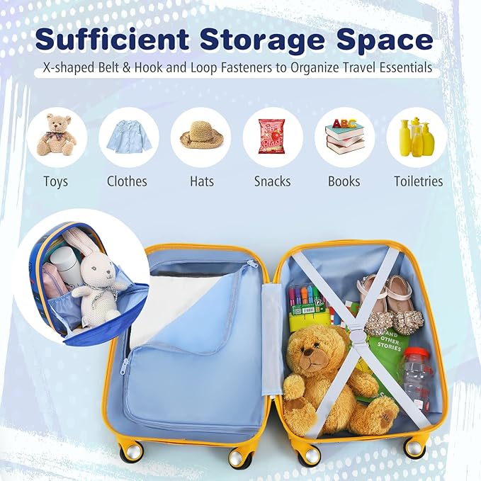 BABY JOY 2 PC Kids Carry On Luggage Set, 12” Backpack & 18” Toddler Suitcase, Hard Shell Travelling Case & Backpack w/ 4 Rotating Casters, Cute Rolling Trolley Case for Boys & Girls (Car)