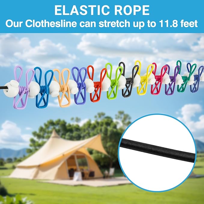 Retractable Travel Clothesline - Glow in the Dark Portable Clothes Line - 12ft/4m Camping Clotheslines for Outside, Hotel Room or Cruise - Laundry Line, Clothes Drying Line, Clothing Line Outdoor