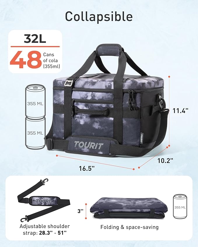 TOURIT Soft Sided Cooler Bag Insulated 30/48/60 Cans, Large Collapsible & Leakproof Ice Chest for Picnic, Beach, Camping, Travel