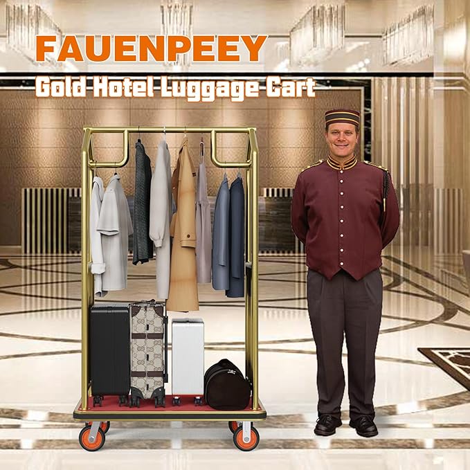 Gold Hotel Luggage Cart,42"x24" Bellman Cart with Baffle Guardrail and 6In Caster Weight Capacity Up to 850LBS Provide Convenience to Guest Gold Finished Hotel Cart Add Elegance to Hotel&Resort