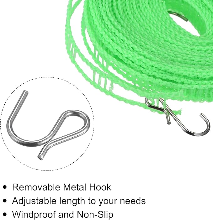 uxcell Portable Clothesline, 32.8ft Nylon Windproof Non-Slip Washing Line Rope for Courtyard Outdoor Travel Camping Laundry Drying, Green