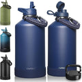 CIVAGO Gallon Insulated Water Bottle Jug with Straw, 128 oz Large Stainless Steel Water Flask, Big Metal Thermal Mug with 3 Lids for Sports, Travel, Gym, and Camping, Navy Blue
