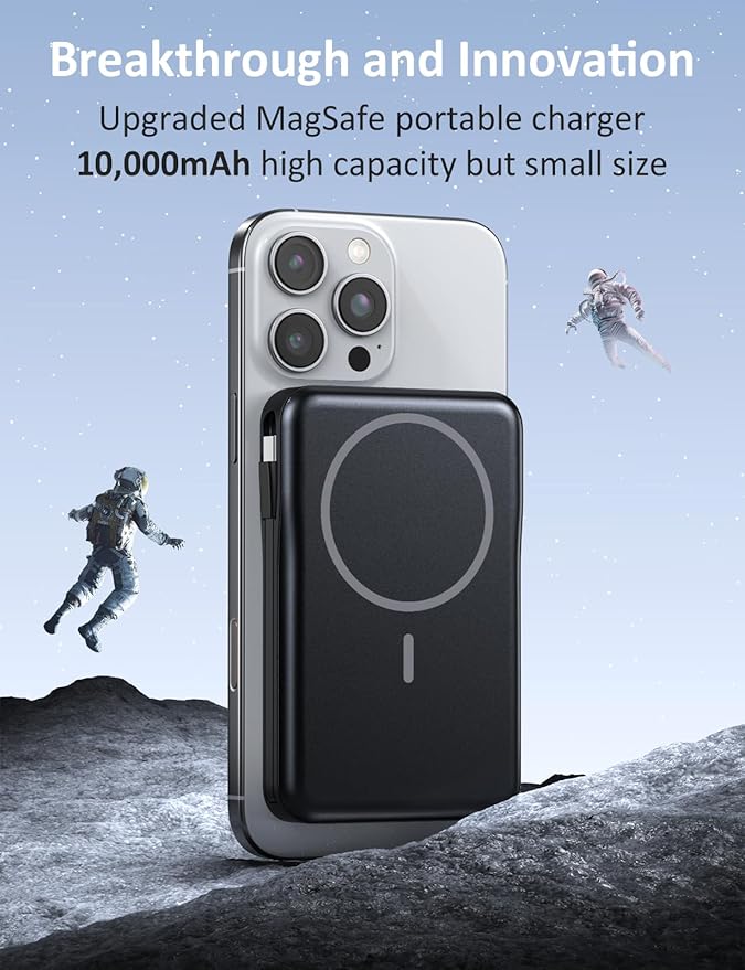 Magnetic Portable Charger, 10000mAh Power Bank, 5 in 1 Portable Charger with Built in Cable, 20W Fast Charging for Magsafe Battery Pack Compatible with iPhone 17/16/15/14/13/12 Pro/Pro Max Series