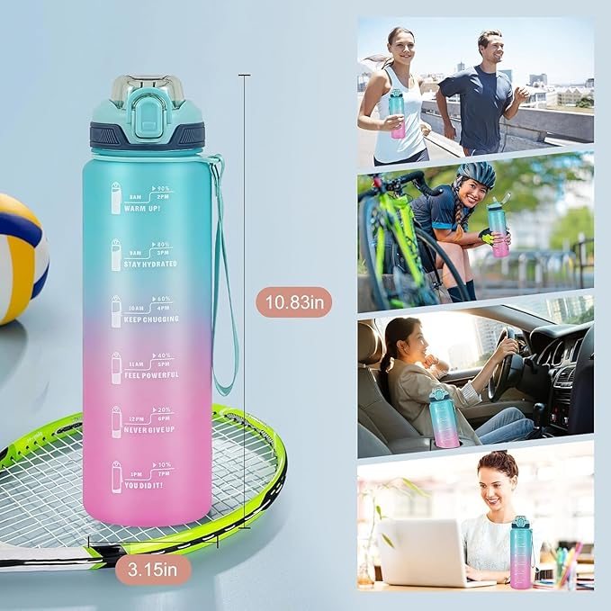 Water Bottle with Straw 1L,Boys Water Bottles with Straw 1 Litre,Waterbottle Leak-Proof Sports Water Bottle,Plastic Drinks Bottles Toxin Free，Bpa-Free (Cyan Pink)