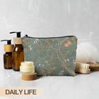 Vintage Floral Bird Makeup Bag, Chinoiserie Green Floral Cosmetic Bags for Women, Rustic Country Botanical Zipper Makeup Pouch