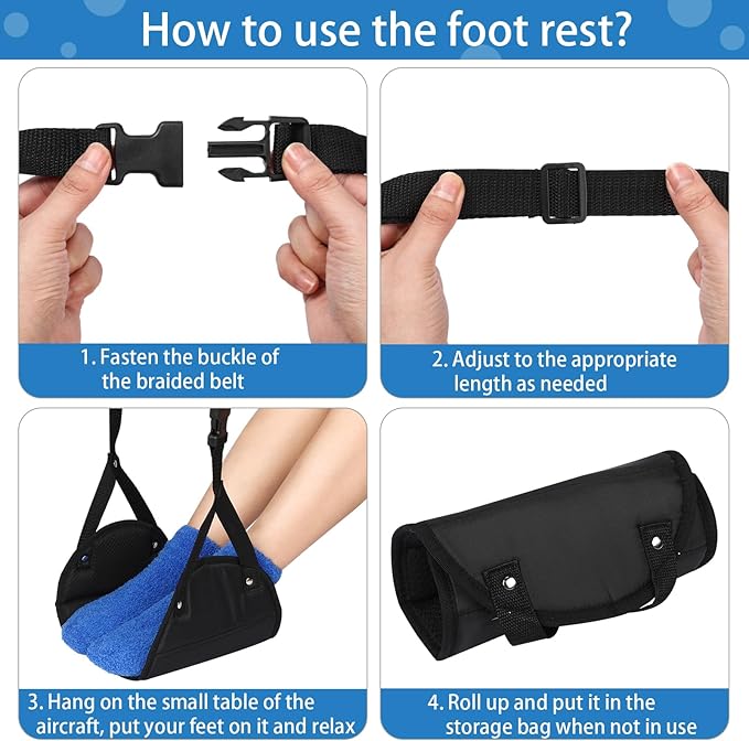 Yerliker Airplane Foot Hammock(Memory Foam) with Earplugs and Eye Mask Travel Necessities Adjustable Airplane Desk Foot Rest for Long Trip Pain and Swelling Relief(Black)